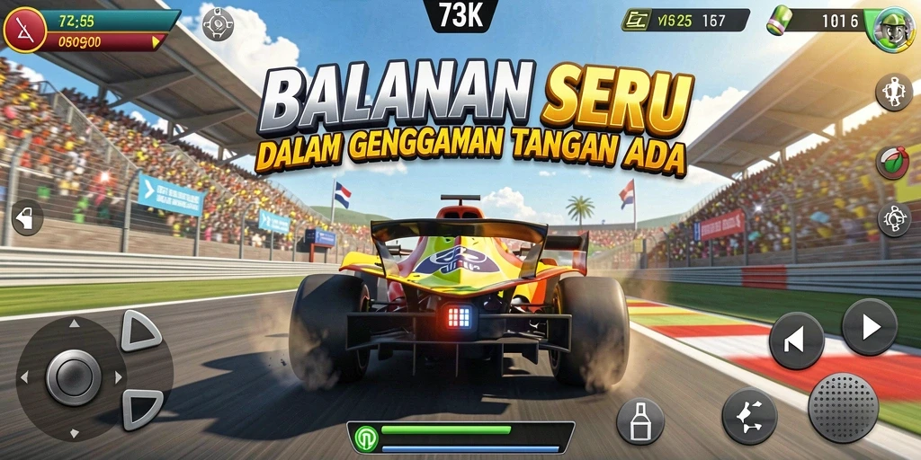 Screenshot gameplay balapan seru di 73K dengan trek menantang.