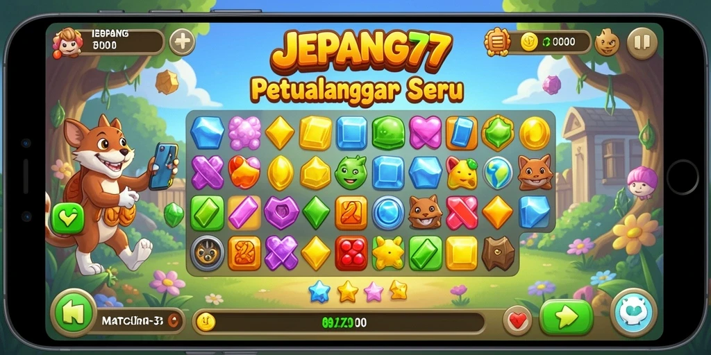 Screenshot gameplay JEPANG77 menunjukkan kombinasi seru dalam permainan Match-3.
