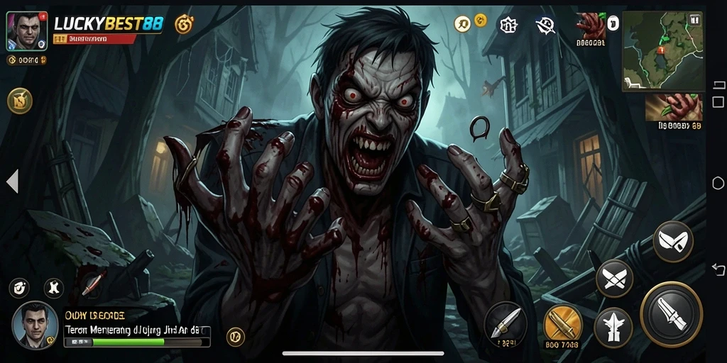 Tangkapan layar gameplay <strong>LUCKYBEST88</strong> menampilkan suasana mencekam dengan efek suara yang menakutkan.
