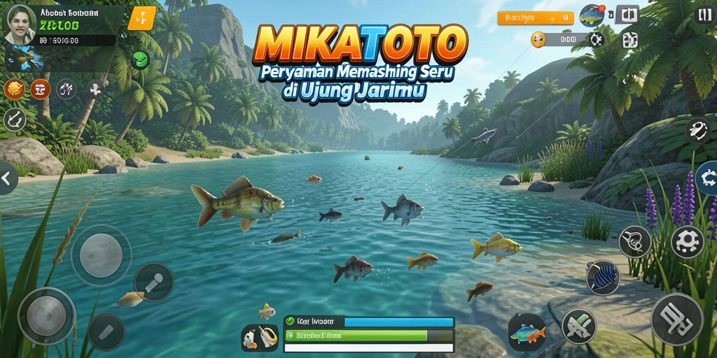 Screenshot gameplay MIKATOTO menampilkan aksi memancing yang seru.