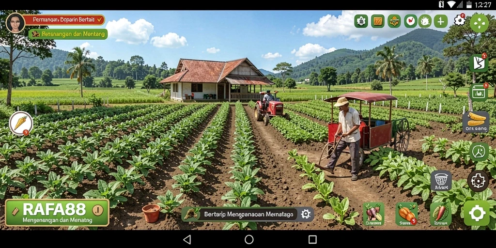 Screenshot gameplay RAFA88 menampilkan suasana pertanian yang ramai dan penuh warna.