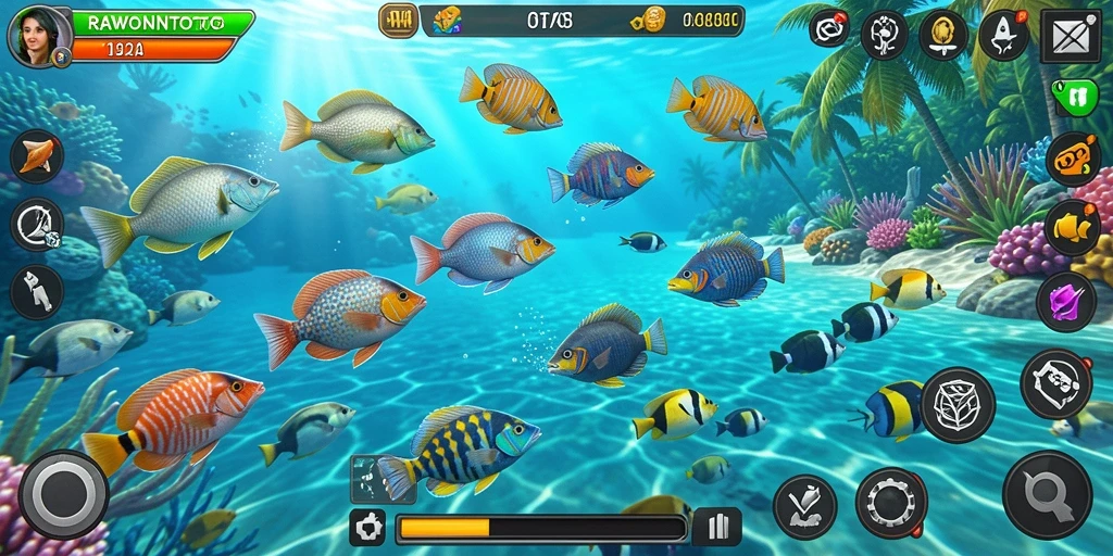 Tangkapan layar gameplay RAWONTOTO yang menampilkan aksi Tembak Ikan.