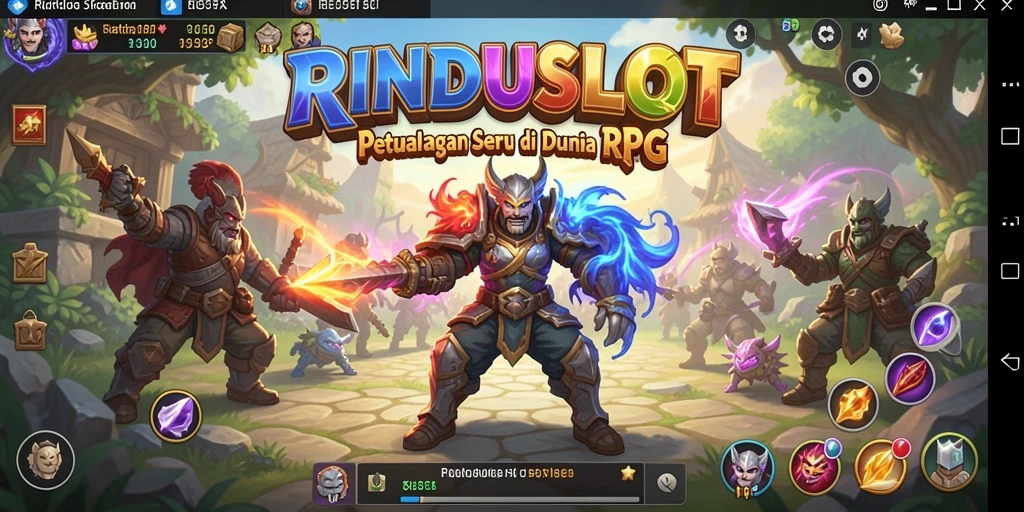 Screenshot RINDUSLOT menampilkan karakter dalam pertempuran epik di dunia RPG.
