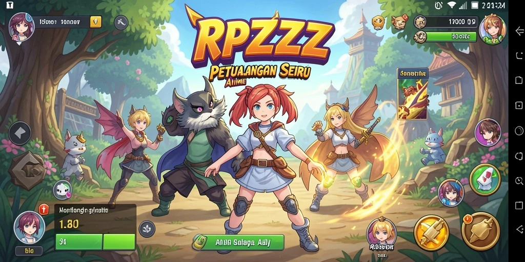 Tampilan gameplay RPZZZ dengan karakter anime yang beraksi.