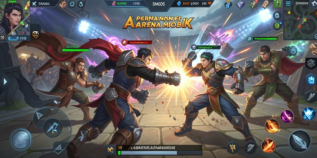 Screenshot gameplay SM605 menampilkan pertarungan epik antara hero.