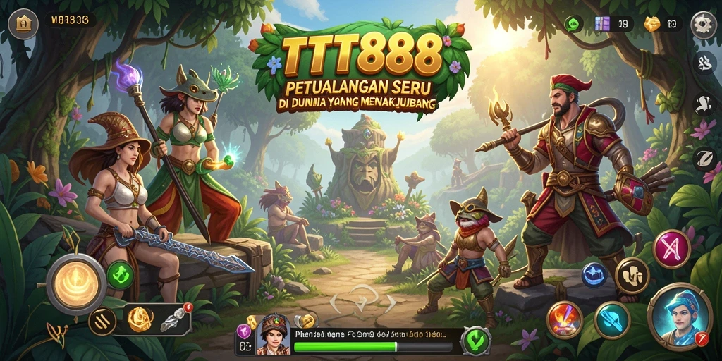 Screenshot utama TTT888 menampilkan karakter menjelajahi hutan yang indah.